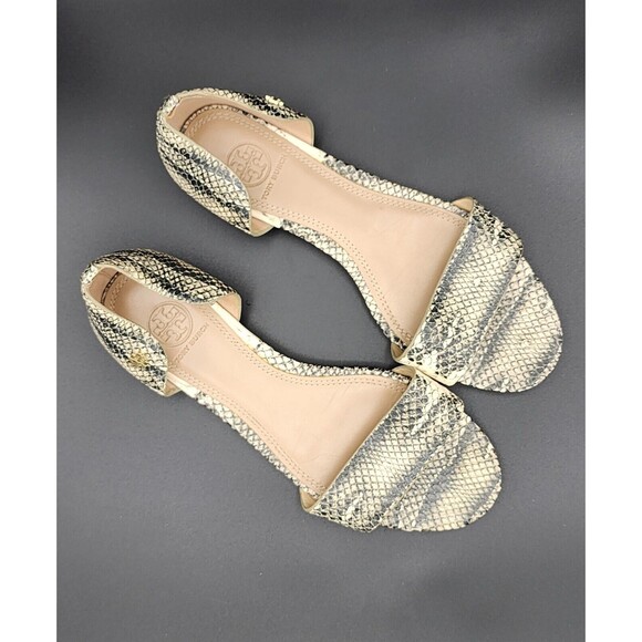 TORY BURCH Savannah Snakeskin Python Open Toe Sandal Flats Size 8M Preowned - Picture 1 of 9